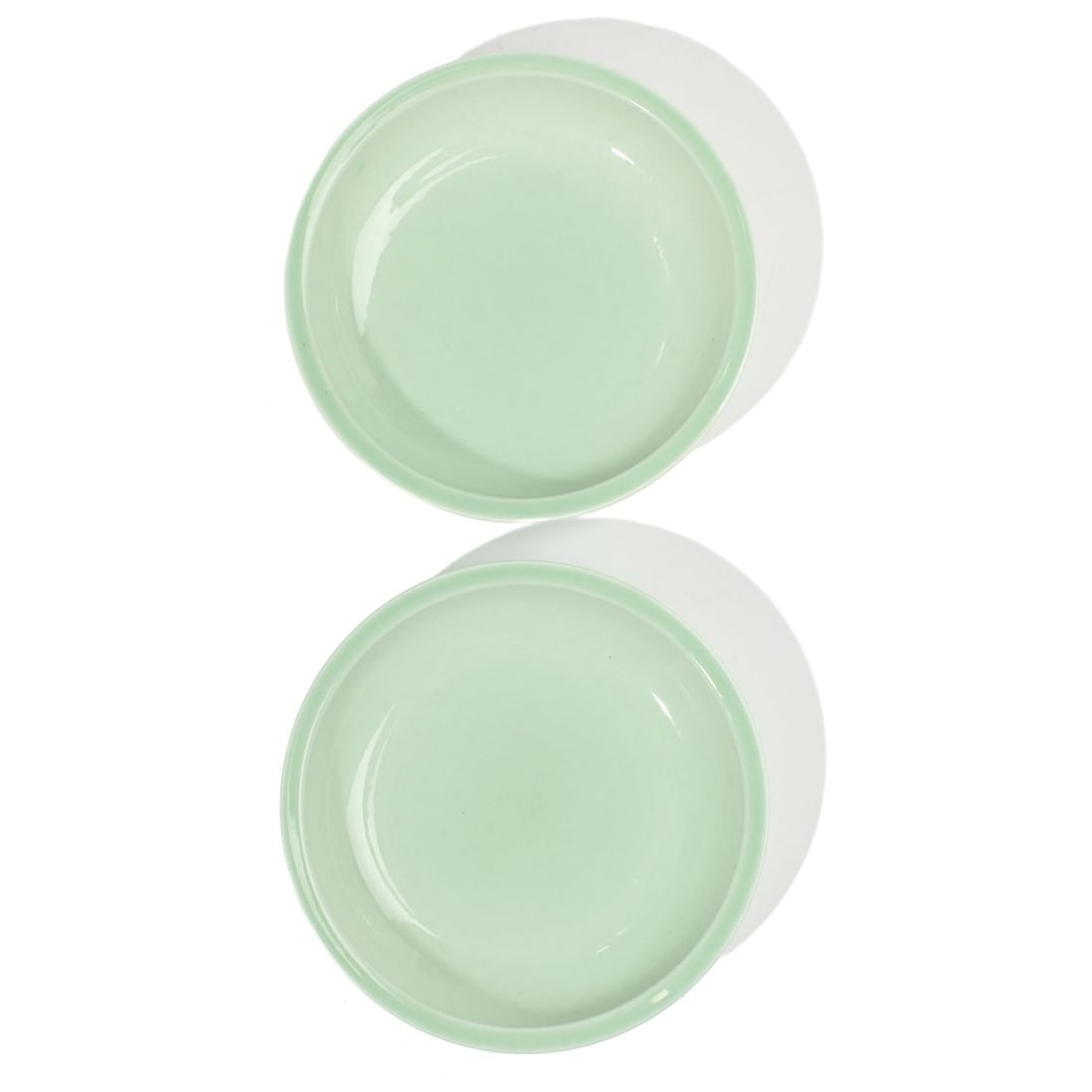 Pair of Chinese Porcelain Celadon Dishes: Pair of Chinese porcelain dishes each covered in teal celadon glaze, each with marks to base; both in very good condition. 6" D each.