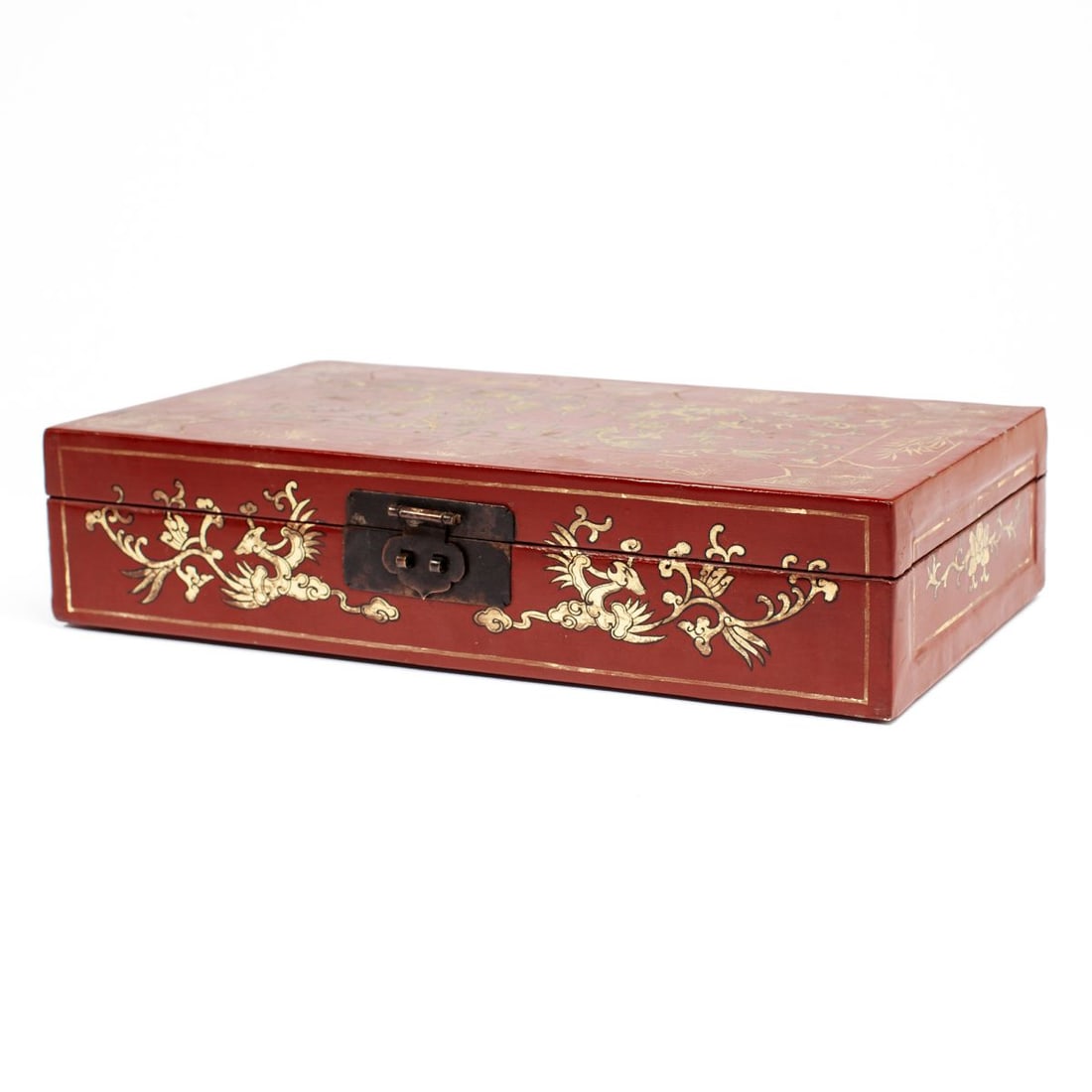 Antique Chinese Export Red & Gold Lacquer Box: Antique rectangular box with gilt and black lacquer scrolling phoenixes at top with diaper patterns, chrysanthemum, bamboo, and orchid sprays at border. Pale blue pigskin wrapped interior. Some expect