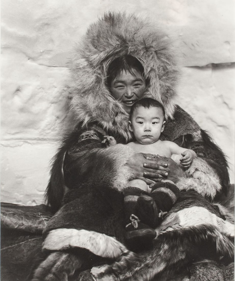 Richard Harrington Mother & Child Photograph: Richard Harrington (1911 - 2005 Canada) vintage silver gelatin photograph print, titled "Perry River, NWT, 1949, on verso: "Coppermine NWT trip scene at Perry River Encampment Igloo, Photo and Print b