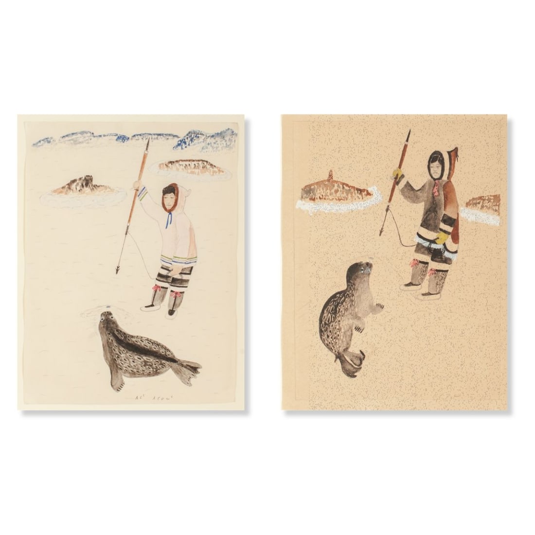 Peter Pitseolak "Ice Fishing" Drawings: Peter Pitseolak (1902 - 1973, Cape Dorset) felt tip and color pencil drawings on paper depicting hunter ice fishing with a harpoon as a nearby seal observes. Signed in syllabics. Hinged to mat in stai