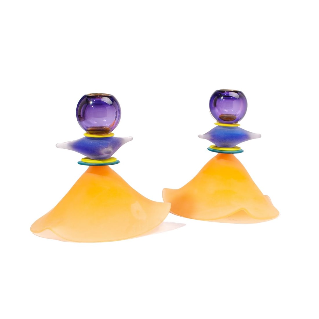 Memphis Style Glass Candle Holders / Stephan Cox: Pair Memphis style art glass candle holders by Stephan Cox. Etched signature with 06 date to outside base edge (hard to see). Excellent condition. 6.5" H x 6.25" base dia. approx. Chasen Galleries: ch