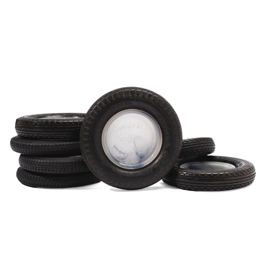 Goodrich Advertising Tire Ashtrays / Silvertowns: Collection of 7 vintage B.F. Goodrich Silvertown rubber tire and glass insert advertising ashtrays. Includes 4 Silvertown tire ashtrays with "Goodrich Tires" swirled white glass inserts and 3 Silverto