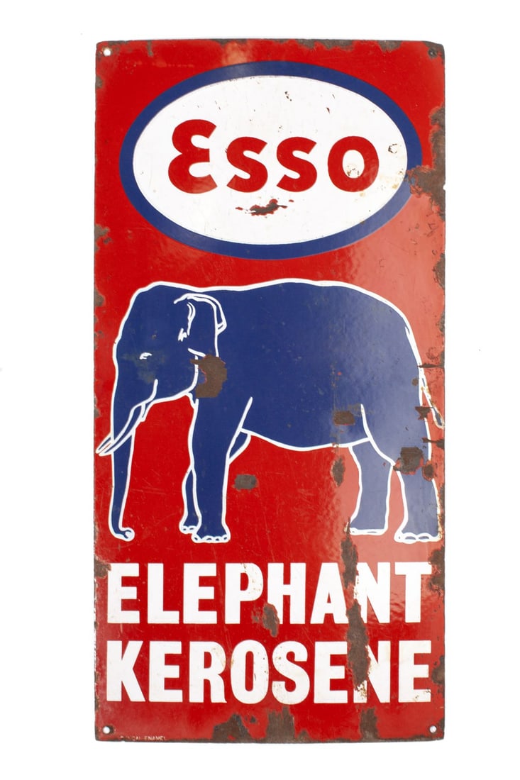 Esso Elephant Kerosene Porcelain Sign: Vintage Esso Elephant Kerosene porcelain advertising pump sign. Enamel / porcelain on heavy metal sheet. Some dents, enamel losses, rust spots, etc. Mounting screw holes at each corner. 24" x 12".