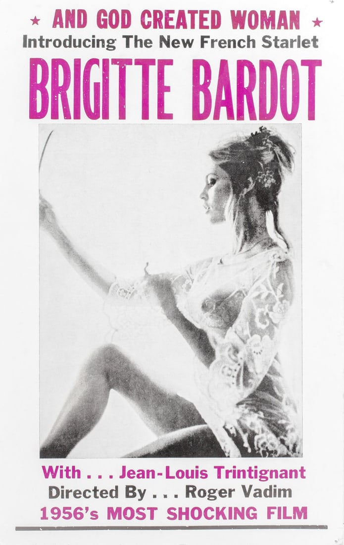 Brigitte Bardot "AND GOD CREATED WOMAN" Poster: Brigitte Bardot "And God Created Woman" Cardstock Film Poster, 1956. A Roger Vadim film. Poster measures 22x14". Unframed. Pinholes at corners and some light creasing at corners.