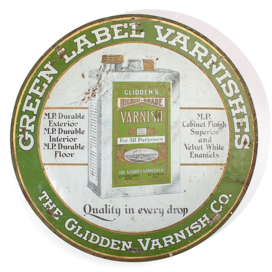 Green Label Varnishes Tin Litho Round Sign: Old Green Label Varnishes tin litho sign, round, with holes punched at top for hanging. Produced by The American Art Works, Coshocton Ohio. Wear and losses to image. 14" D.