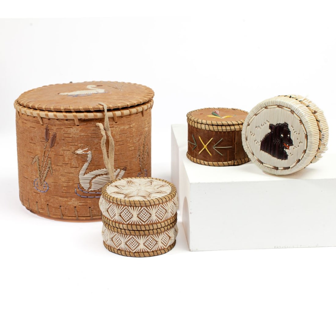 Four Native American Quill & Birch Bark Baskets: Four Native American / Canadian porcupine quill and birch bark baskets, with star design, bear, and sweetgrass pattern. Some breaks to quills at bear and sweetgrass baskets; star pattern basket 