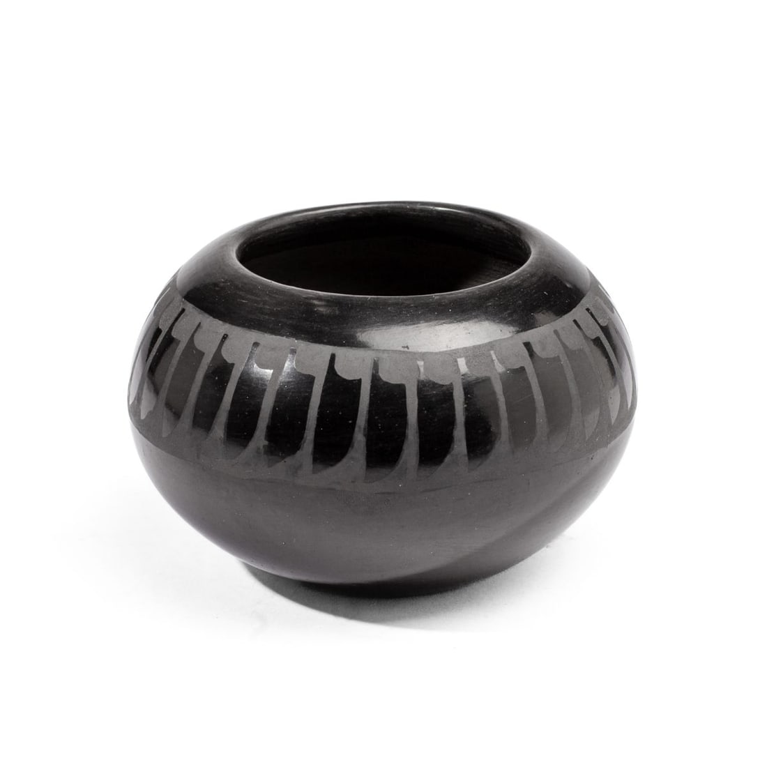 Santana & Adam San Ildefonso Pueblo Pottery Bowl: Vintage San Ildefonso Pueblo blackware pottery bowl / jar by Santana Martinez (1909-2002) & Adam Martinez (1904-2000). Signed Santana / Adam to bottom. Good condition. 3.5" H x 5" dia. approx.