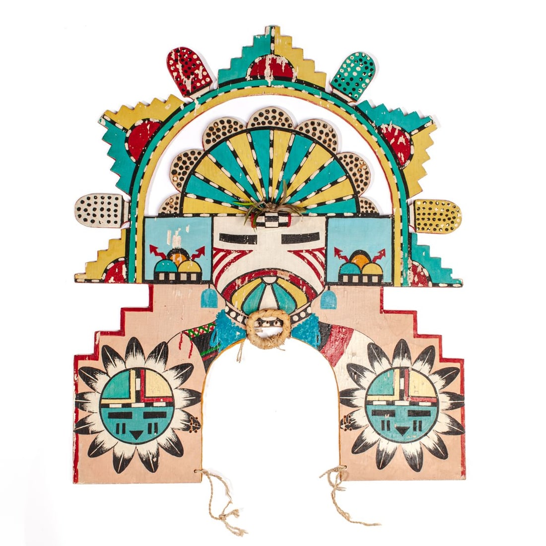 Native American Hopi Polychrome Wood Tableta: Hopi painted wood tableta with radiating corn and stepped motifs above dancer; corn and flowerheads painted to reverse. Some losses to pigments; drill holes near base intended for now-missing