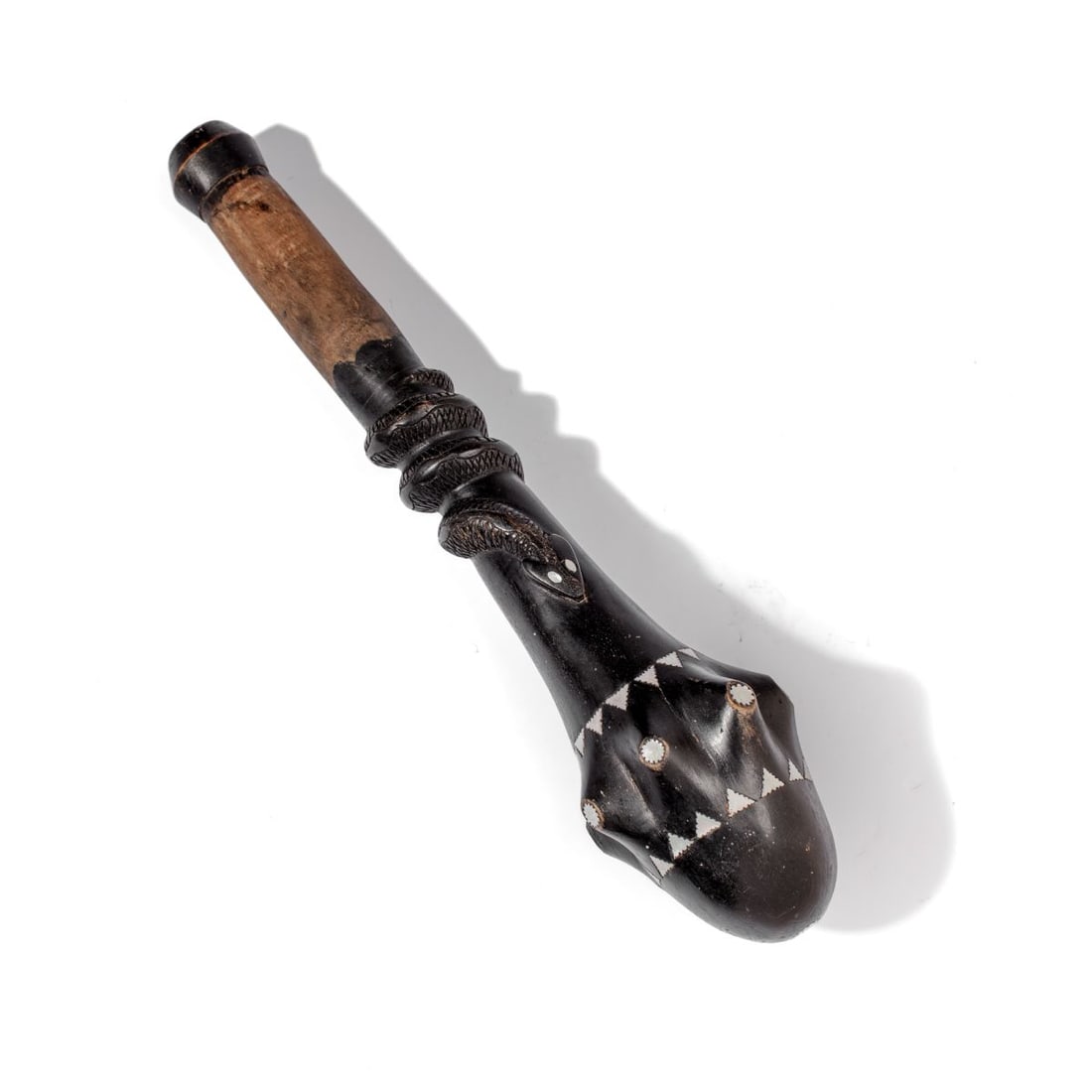 Vintage Polynesian War Throwing Club: Vintage hand carved hardwood Polynesian / Solomon Islands throwing / war club with coiled snake around handle and mother-of-pearl inlay. Missing original woven straw grip cover and one inlay 