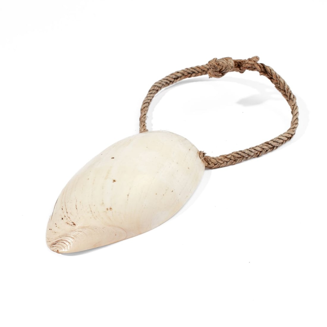 Vintage Papua New Guinea Bailer Shell Necklace: Bailer shell pectoral pendant necklace with hand-woven fiber from Papua New Guinea. Good condition with age patina. Shell 6" x 3.5" approx.