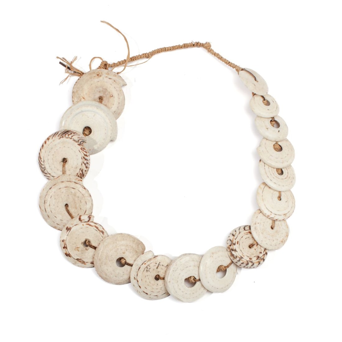 Vintage Papua New Guinea Conus Shell Necklace: Vintage Papua New Guinea necklace with 17 conus shells (1.5" to 2.75" diameters approx.) on hand-woven fiber twine. Good condition. Shell section length 25". Total length including fiber 34.5"