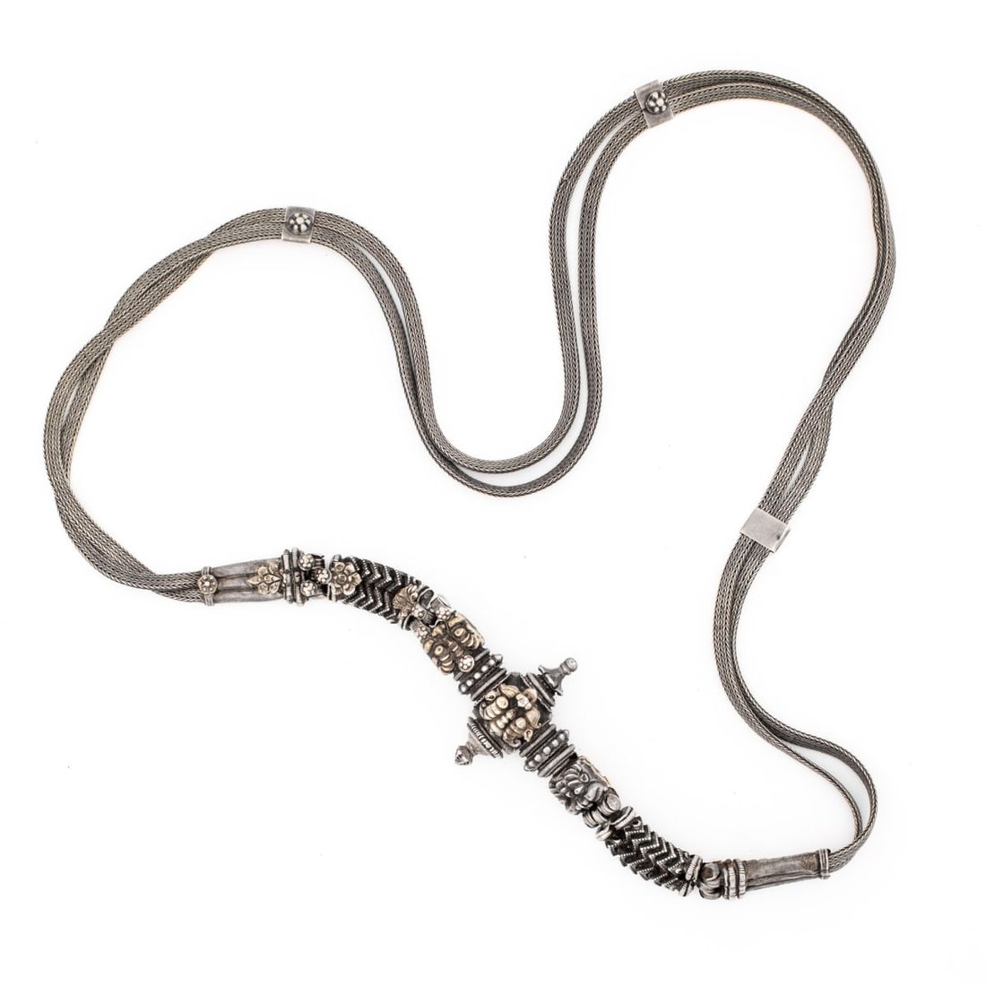 Antique Indian Rajasthani Silver Belt: Antique Indian silver belt probably from Rajasthan; circa late 19th century; central vajra-form buckle with ferocious beasts at ends; one end of buckle unscrews to allow for clasp to release.