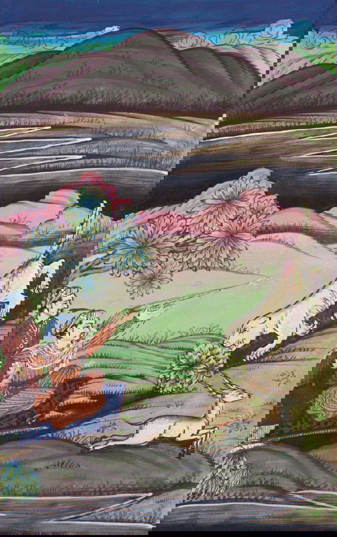 Antique Indian Mughal Miniature Hunting Scene: Indian miniature hunting scene in mineral pigments on thin paper with gilt to margins. Pinholes to upper left and lower right corners; otherwise appears in very good condition. Unframed but currently