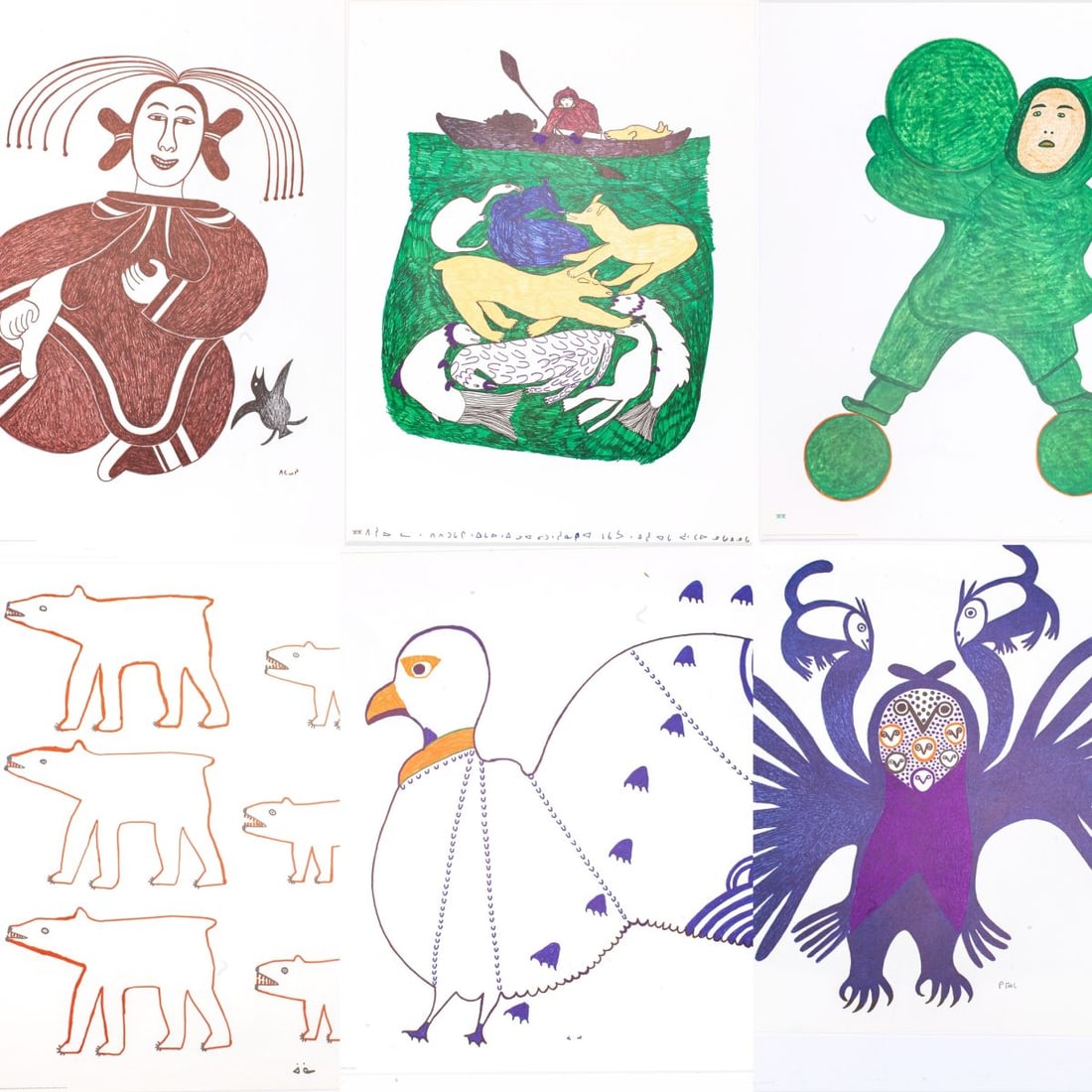 Folio of 15 Cape Dorset Eskimo Color Drawing Litho: 1971 folio of 15 lithographs of color drawings by Cape Dorset artists. Published and by West Baffin Eskimo Cooperative. Green slipcover. With forward by Norman Hay. Includes work by Kenojuak, Kakulu,