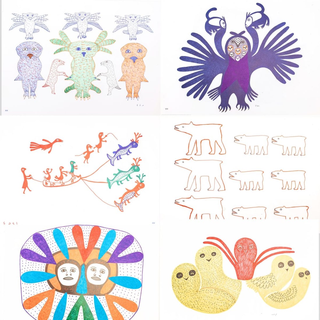 Folio of 15 Cape Dorset Eskimo Color Drawing Litho: 1971 folio of 15 lithographs of color drawings by Cape Dorset artists. Published and by West Baffin Eskimo Cooperative. Green slipcover. From an edition of 2500. With forward by Norman Hay. Includes w