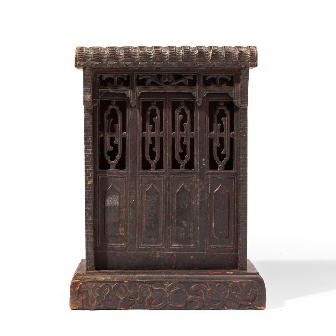 Antique Japanese Wood Buddhist Altar Shrine: Antique Japanese carved and lacquered wood Buddhist altar / shrine, probably Edo Period, sliding door with reticulated openwork above stylized petals; the body with stylized roof tile and "brick" desi