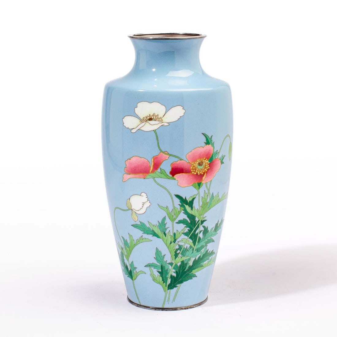 Japanese Ando Jubei Company Cloisonne Vase: Japanese Ando Jubei Company cloisonne vase showing cameillia blossoms in silver wire against blue ground. Silver mounts to base and rim with impressed mark. Ando Company seal to base. 0.5" hairline to