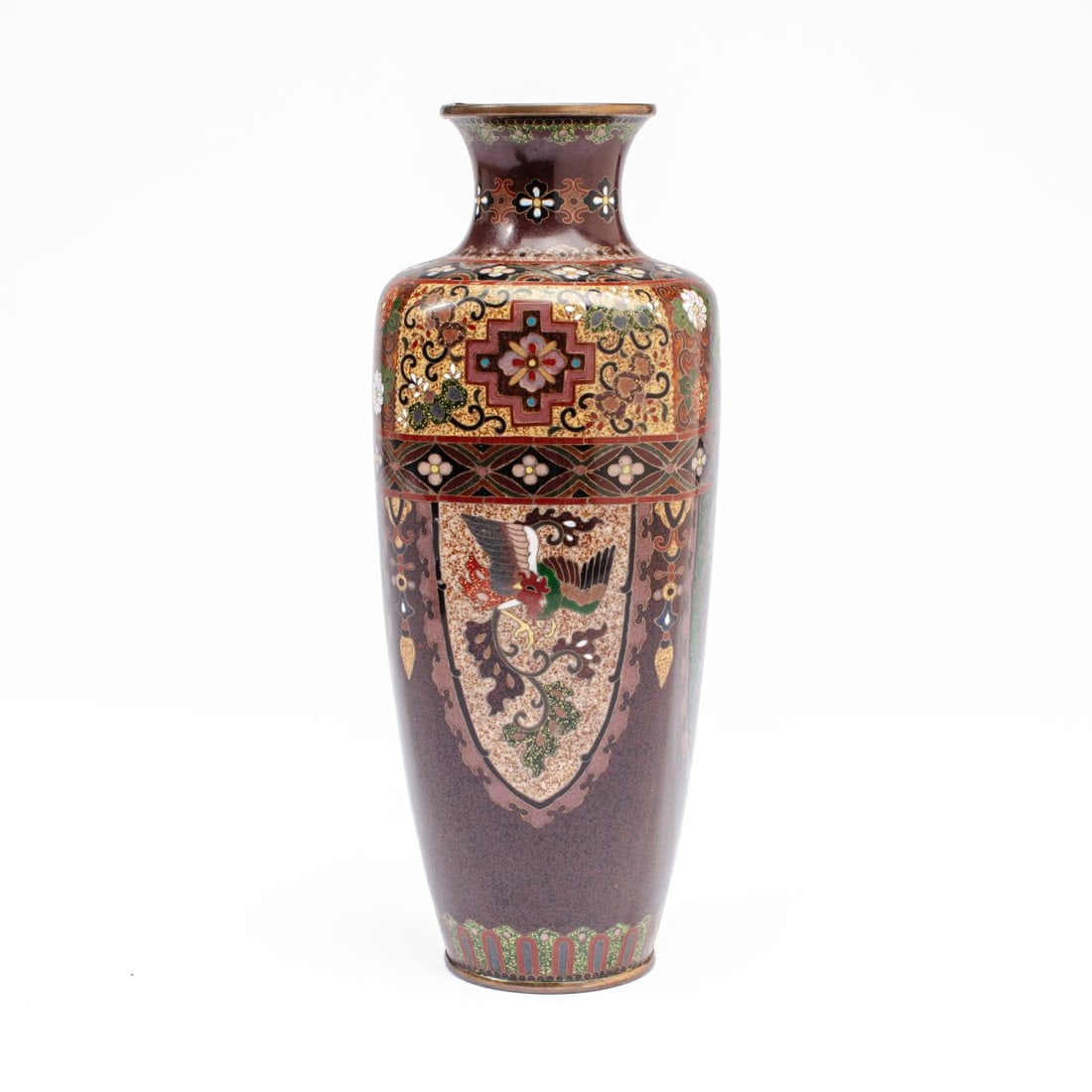 Meiji Japanese Cloisonne "Dragon & Phoenix" Vase: Japanese Meiji period cloisonne vase with alternating dragon and phoenix within petal-form panels below diaper and geometricized motifs in ginbari and speckled enamels. Unmarked. Some warping to band