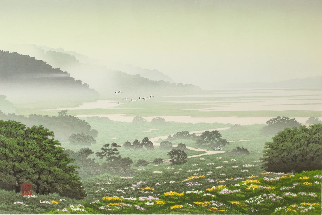 Shufu Miyamoto "Spring in the Marsh" Woodblock: Shufu Miyamoto (b. 1950 Japan) "Spring in the Marsh" woodblock print. Pencil titled, editioned 156/200, and signed along with embossed seal of the artist. Azuma Gallery (Seattle) label to reverse. In