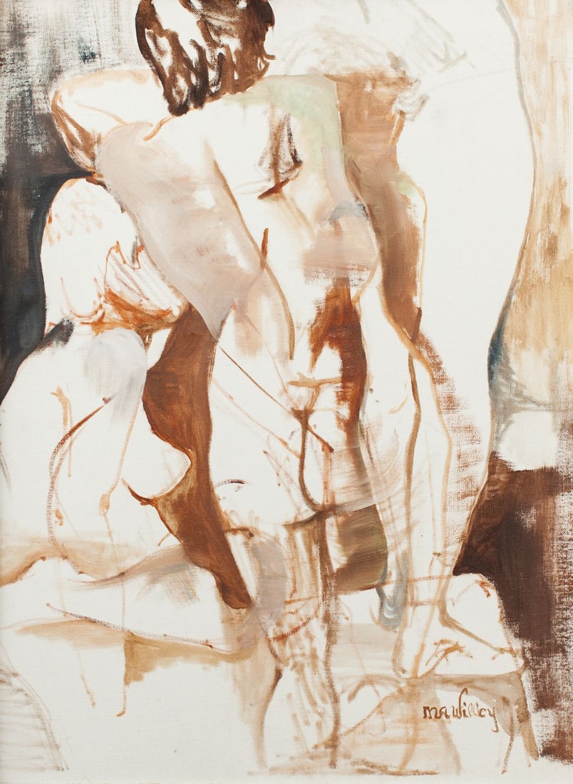 Mary Ann Willey Nude Figures Acrylic on Board: Mary Ann Willey (1932 - 2022 Texas / Arkansas) acyrlic on canvasboard painting of two nude figures. Signed at lower right. In wood frame. In very good condition. 27x20.5"