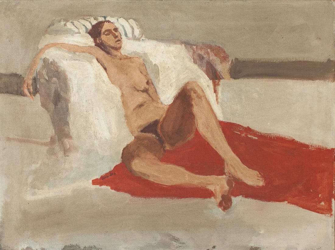 Norman Lundin (WA) "Seated Nude" Oil, 1960: Norman Lundin (b.1938 Washington) "Seated Nude" Oil on Canvas, 1960. Signed at center and pencil signed and dated on stretcher on verso with vintage exhibtion label from unidentified gallery. Canvas m