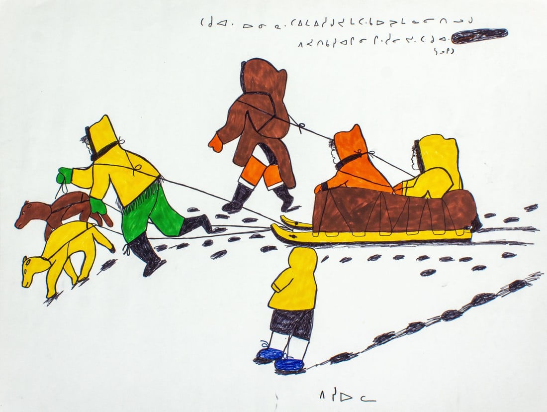 Pitseolak Ashoona "Qamutiik" Felt Tip Drawing: Pitseolak Ashoona (1904 - 1983 Nunavut) color felt tip drawing depicting children riding a qamutiik sleigh pulled by dogs and other children. Signed in syllabics with inscription in syllabics above. I