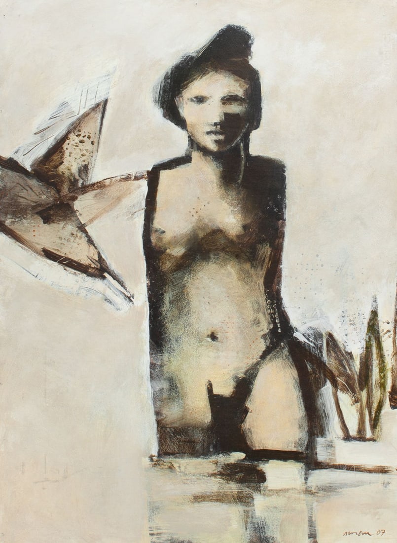 Mike Moran (WA) "Wading" Acrylic on Masonite: Mike Moran (Washington / Seattle) "Wading" acrylic on masonite painting of a nude. Signed and dated 2007 at lower right with label to verso. In stained wood frame. Pinholes to edge of board 