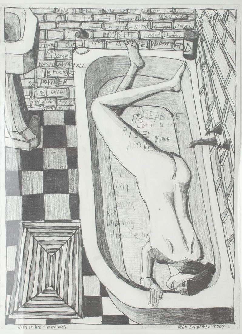 Ryan Schneider "When You Had That One Vision": Ryan Schneider (b.1980 California) "When You Had That One Vision" Drawing on Paper, 2009. Signed, dated and titled along lower edge. Paper measures 30x22"; professionally framed with overall size