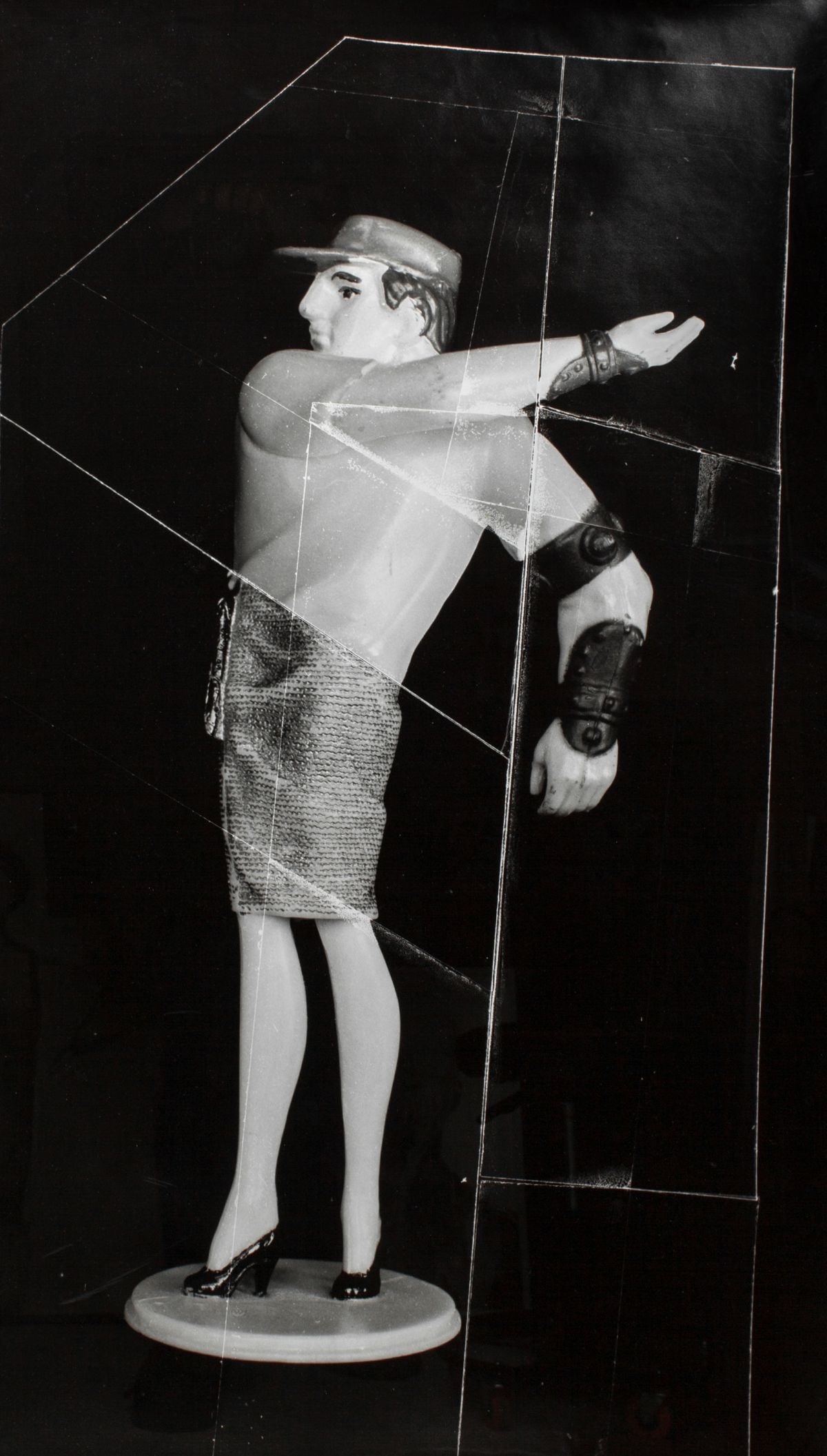 Carol Sawyer (BC) Silver Gelatin Photograph Print: "Untitled (Sportsman with Nice Legs)", 1993. Oversize silver gelatin print; one of an edition of 5. Pedestal mounted in custom black stained mahogany frame with Plexiglass by Artform. Frame 43" x