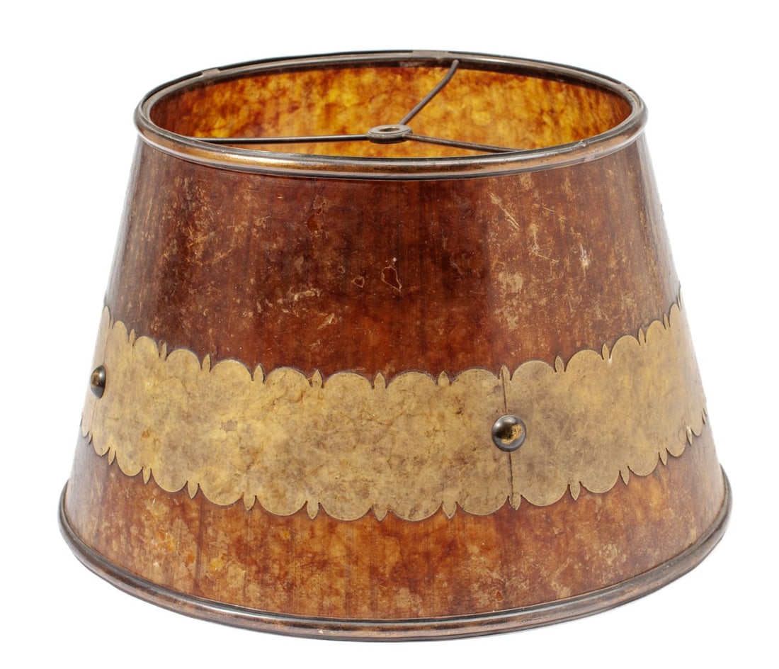 Antique Arts & Crafts Mica Lamp Shade: Antique mica lamp shade with decorative lighter tone mica layered border attached with brass caps. Copper support rims to top and bottom. Very good condition with age patina. Height 9". Top diameter 1