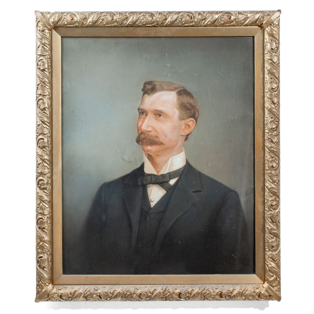Antique Pastel Portrait of a Man 1899: Antique pastel portrait of a man signed "Ed Wright" and dated 1899 at right bottom. In gilt plaster wood frame under antique glass. Some apparent lifting to pigment visible at underside of glass