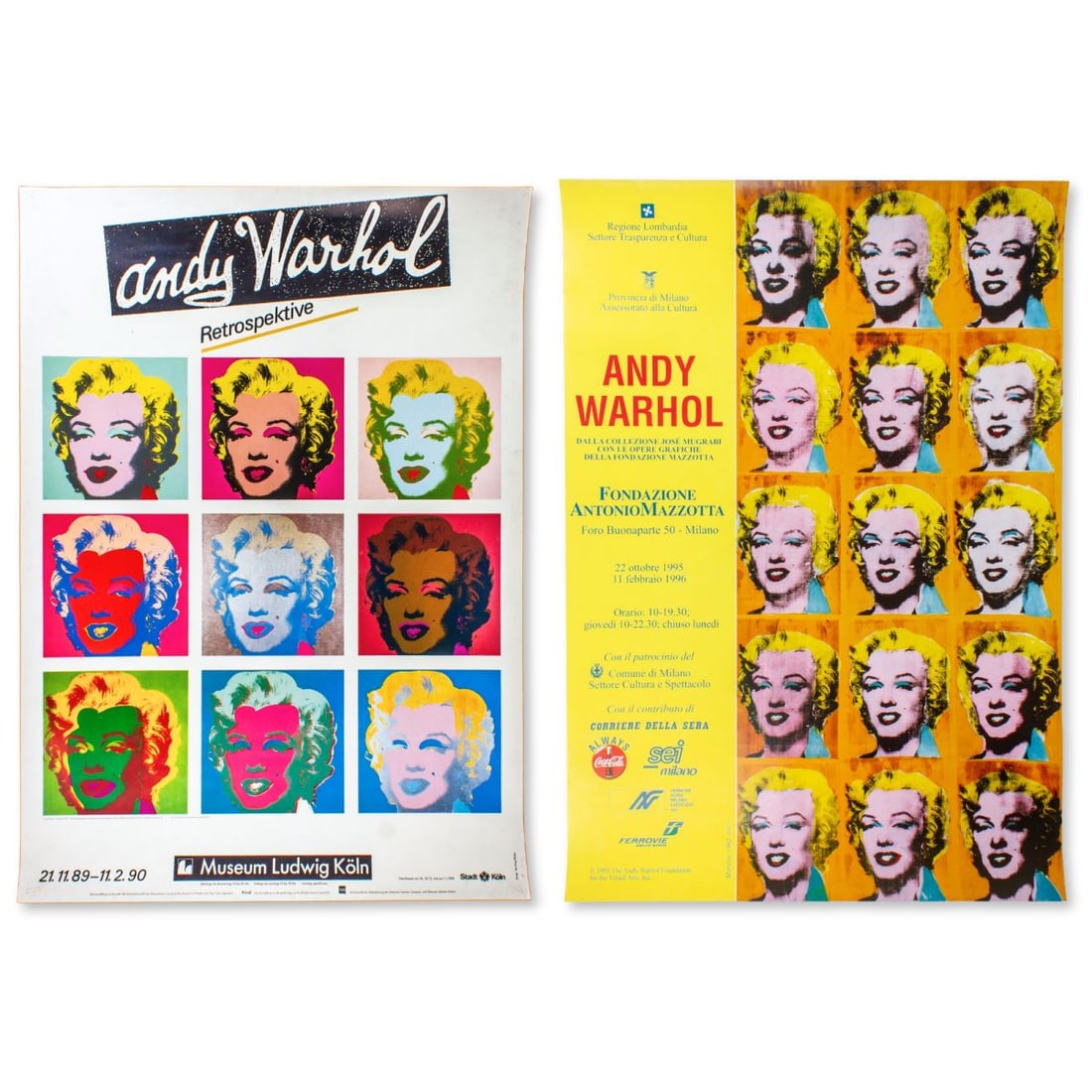 Italian & German Andy Warhol Exhibition Posters: (1): Milan 1995 Fondazione Mazzotta exhibition poster with repeated Marilyn Diptych. Some handling marks; impressed pinhole marks at upper left edge. 38.5x27". (2): "Andy Warhol: Retrospektive"