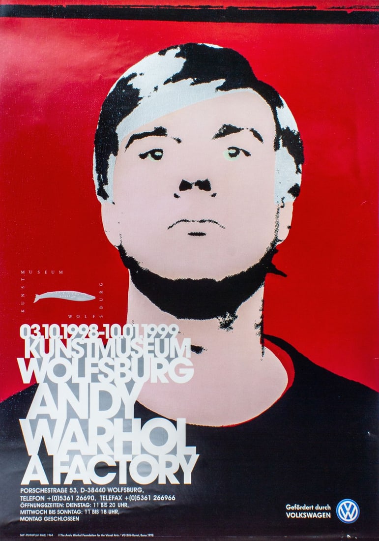 Andy Warhol: A Factory German Exhibition Poster: "Andy Warhol: A Factory" exhibition poster, Kunstmuseum Wolfsburg 1998-1999. Featuring Self-Portrait in Red. Some color loss; handling marks; small tear at left edge. 33x23".
