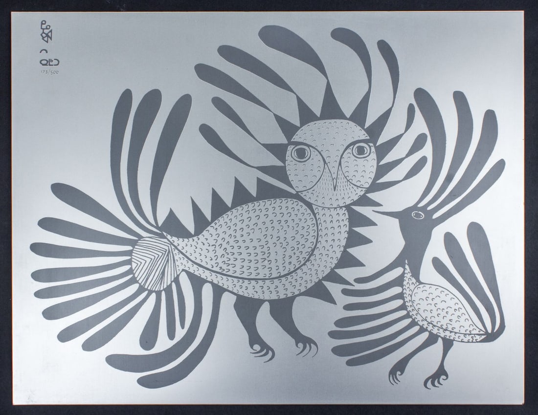 Kenojuak Ashevak "Talking Birds" Aluminum Etching: Kenojuak Ashevak (1927 - 2013 Kinngait / Cape Dorset) "Talking Birds" etching on aluminum, 1963. Etched syllabic signature at upper left; editioned 173/500. Commissioned by the Aluminum Company of Can