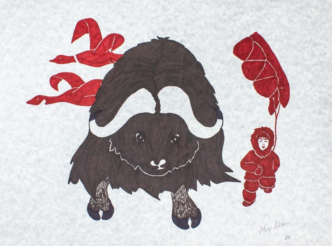 Mary Okheena Musk Ox Felt Tip Drawing: Mary Okheena (b. 1957 Inuvialuk) graphite and felt tip pen drawing on parchment depicting Inuit child, birds and musk ox. Pencil-signed and dated 1986 at lower right. Some slight creases and handling