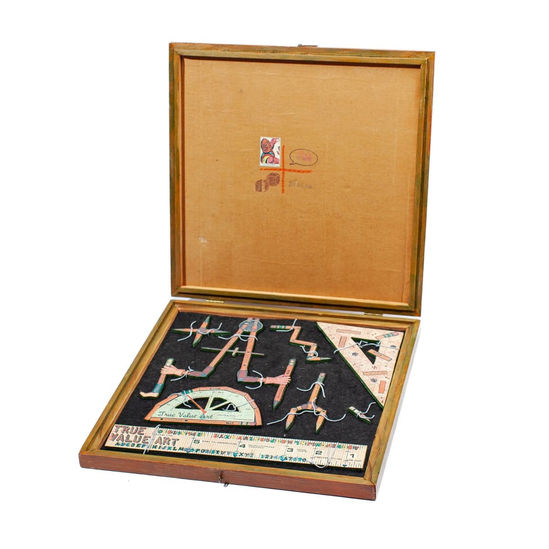 Ries Niemi (WA) Mixed Media Sculpture: Ries Niemi (b. 1955). "True Value Art Drafting Set". Wood, color Xerox print, felt, and cardboard. Possibly from Niemi's 1979 "Pawn Shop" solo show at Rosco Louie Gallery, Seattle. Signed and titled a