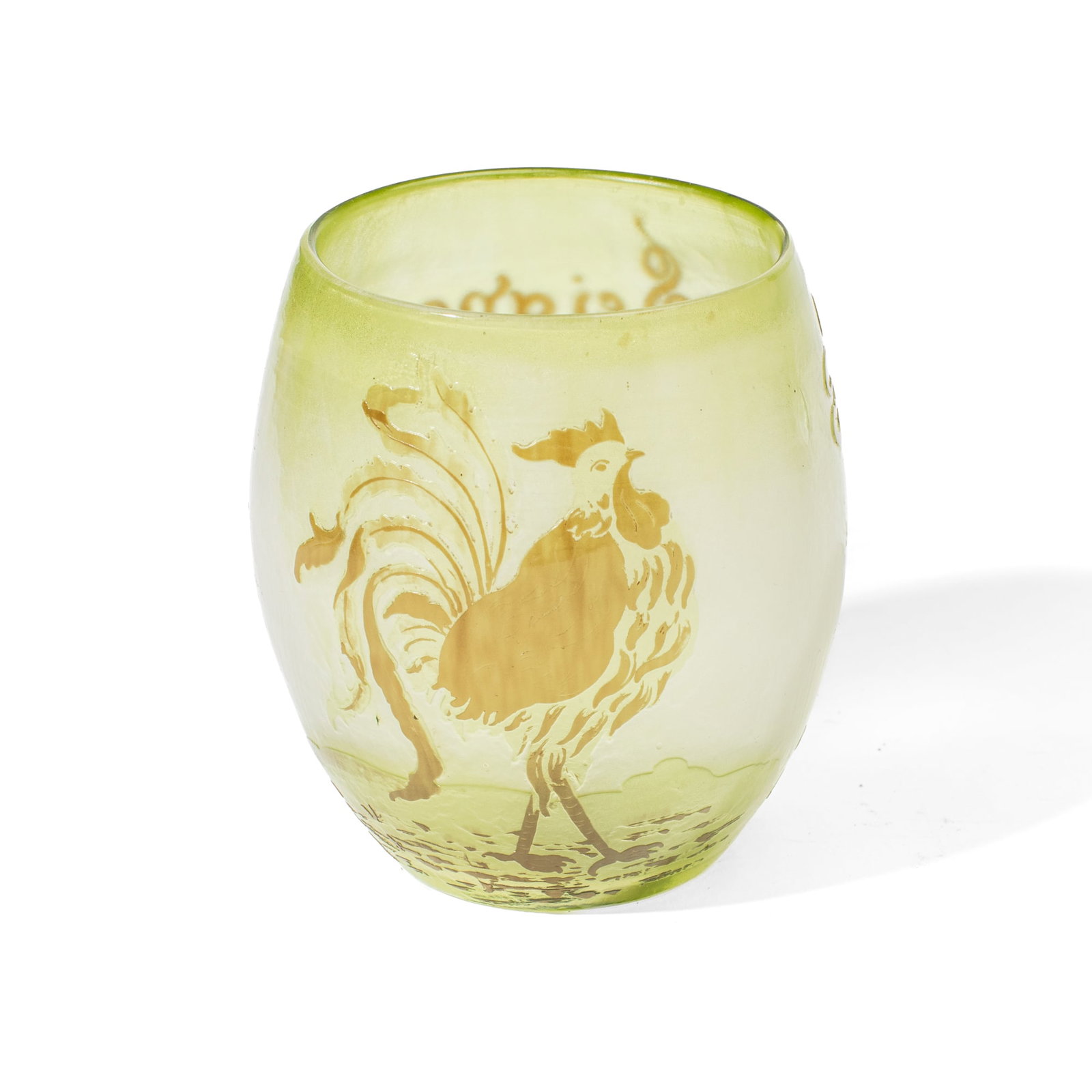 Emile Galle "Coq Parlante" Vase: "Coq Parlante" vase by Emile Galle, circa 1900. Acid-etched rooster and words reading "Le Seigneur du Village". Numerical mark at base. In very good condition. 4" H x 3" D.