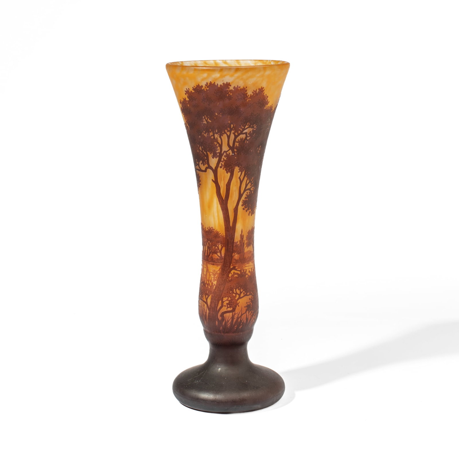 Daum Nancy Cameo Glass Scenic Vase: Daum Nancy Cameo Glass Art Nouveau Scenic Vase, circa 1910. Signed at side. Measures 13.75x5". Some light scratches to base but overall very good condition with no chips or cracks.