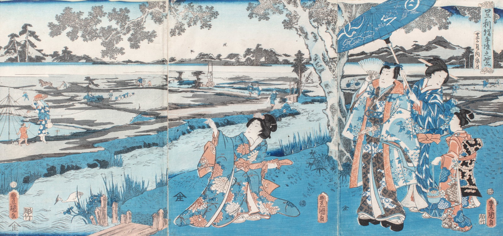 Antique Japanese Woodblock Triptych by Kunisada: Japanese woodblock triptych by Utagawa Kunisada (1786 - 1865 Japan) depicting five beautiful women in a landscape. 19th century. In period frame under glass; appears to likely have been pasted to back