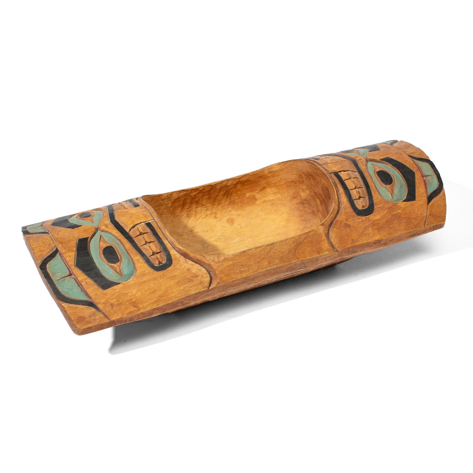 Don McClory Northwest Coast Bowl 1996: Don McClory (1925-2007, WA). Hand carved wood beaver theme bowl with painted details. Hand etched to underside: "Don McClory 1996 Forks, Wash". Very good condition.4.25" H x 19" x 7.75" approx.