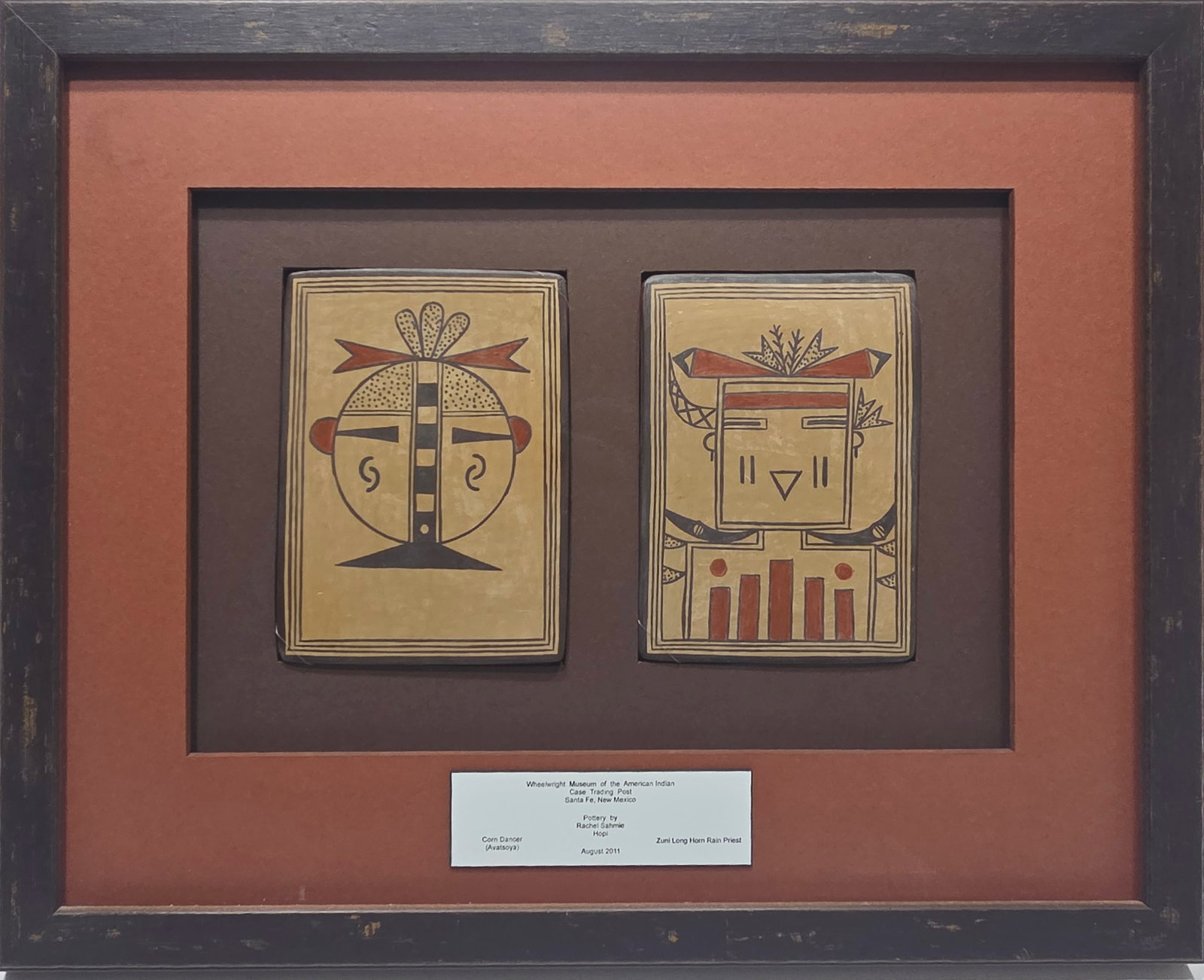 Two Rachel Sahmie Nampeyo Polychrome Pottery Tiles: Two polychromed pottery tiles by Rachel Sahmie Nampeyo (b. 1956 Hopi), depicting Corn Dancer and Zuni Long Horn Rain Priest. Acquired at the Wheelwright Museum of the American Indian Trading Post, as 