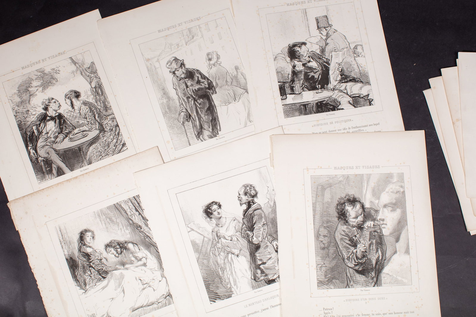 Group Antique French Lithographs by Paul Gavarni: Paul Gavarni (Sulpice Guillaume Chevalier, 1804–1866, France) Group of Sixteen (16) book extracted original mid-19th century lithographs by Paul Gavarni, each printed by the famed Parisian house Imp
