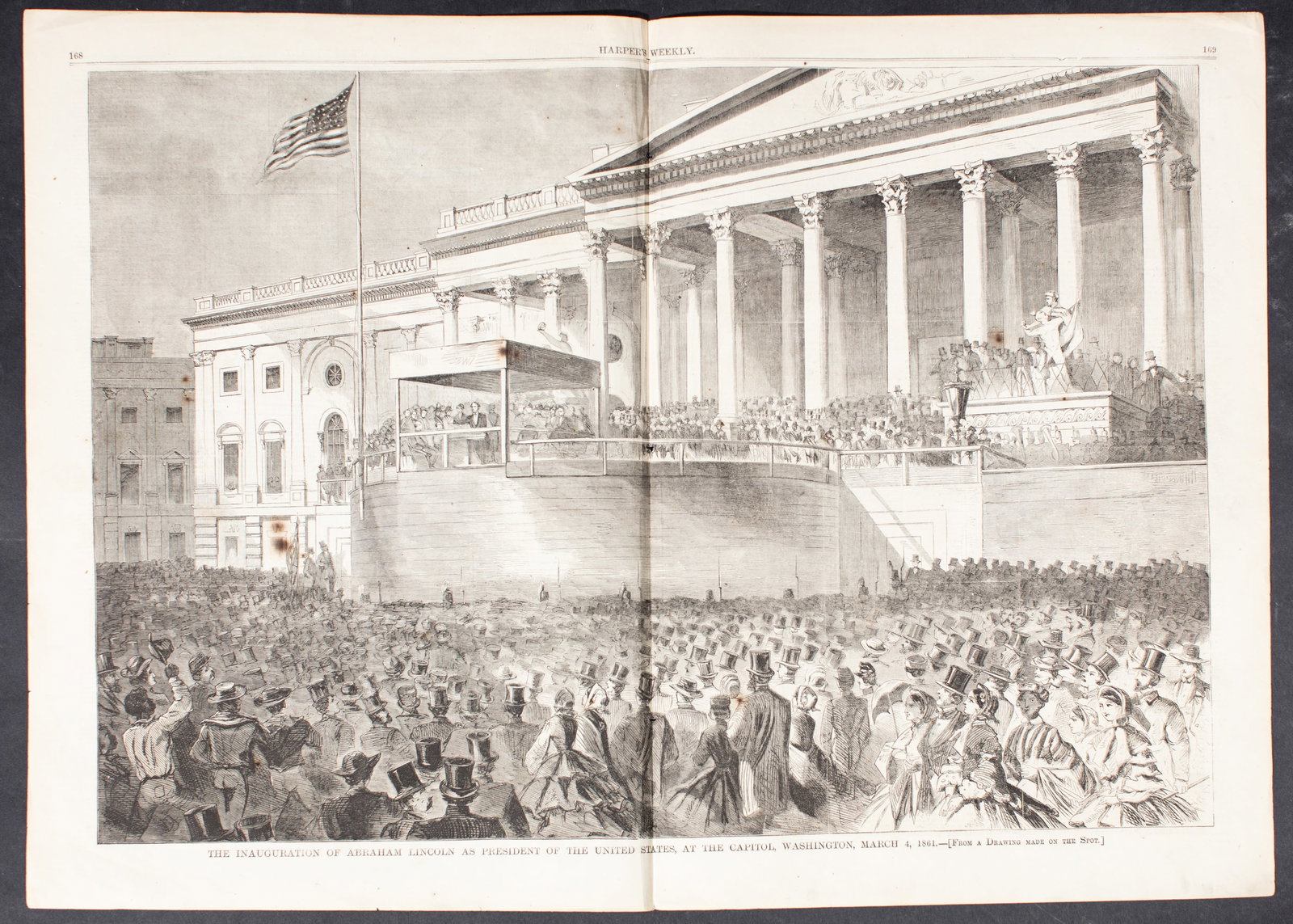 Harper's Weekly Engraviing Lincoln's Inauguration: Original Harpers Weekly doublepage wood-engraved illustration of Lincoln’s first inauguration. It measures 22 ¼”H x 16” W and comes from the March 16, 1861 issue. This was publish