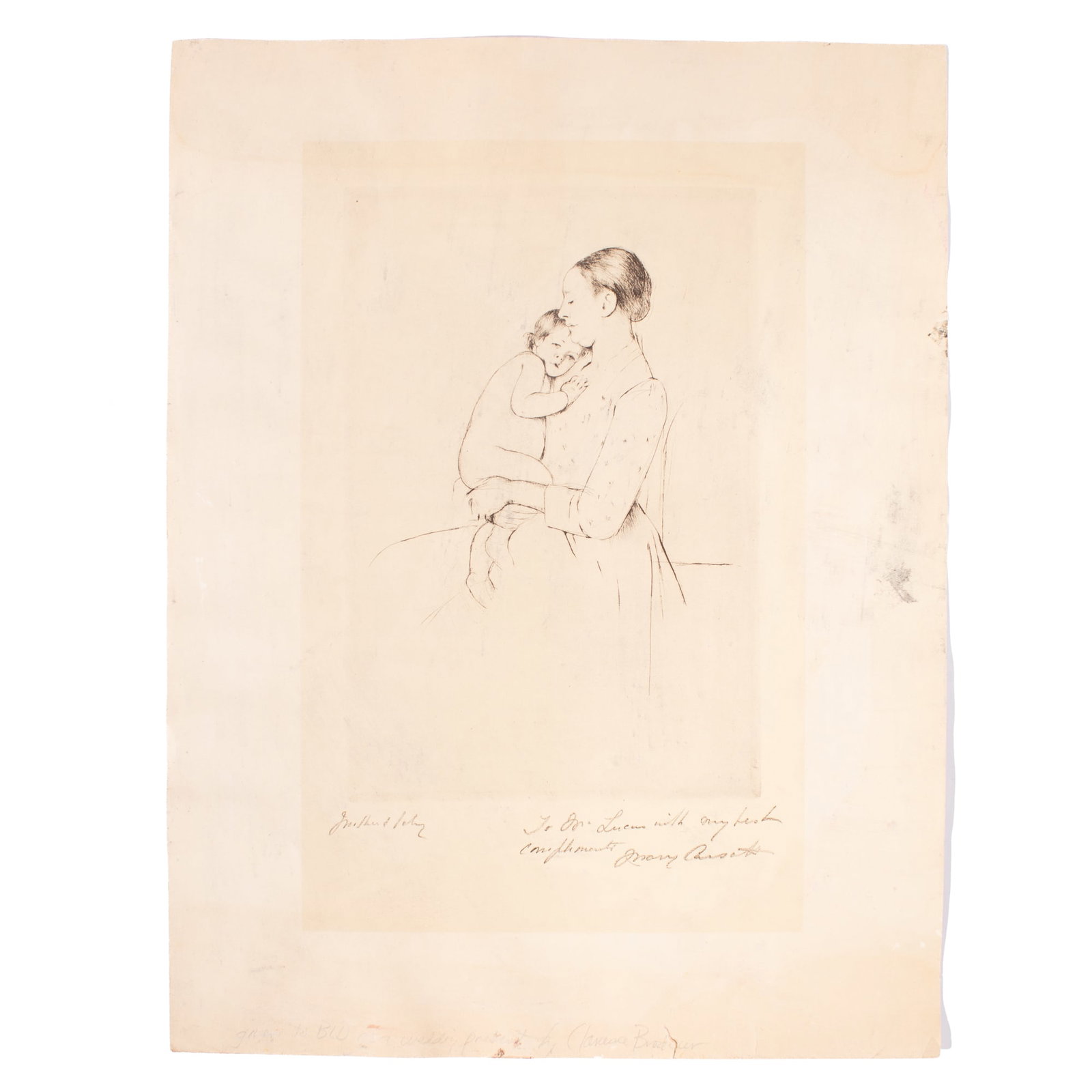 After Mary Cassatt, "Mother and Child" Intaglio: After Mary Cassatt, "Mother and Child, intaglio print, early–mid 20th century, pencil-inscribed presentation proof; full sheet appx. 17"H × 13"W with image measuring appx. 10"H × 6 3/4"W. A finely