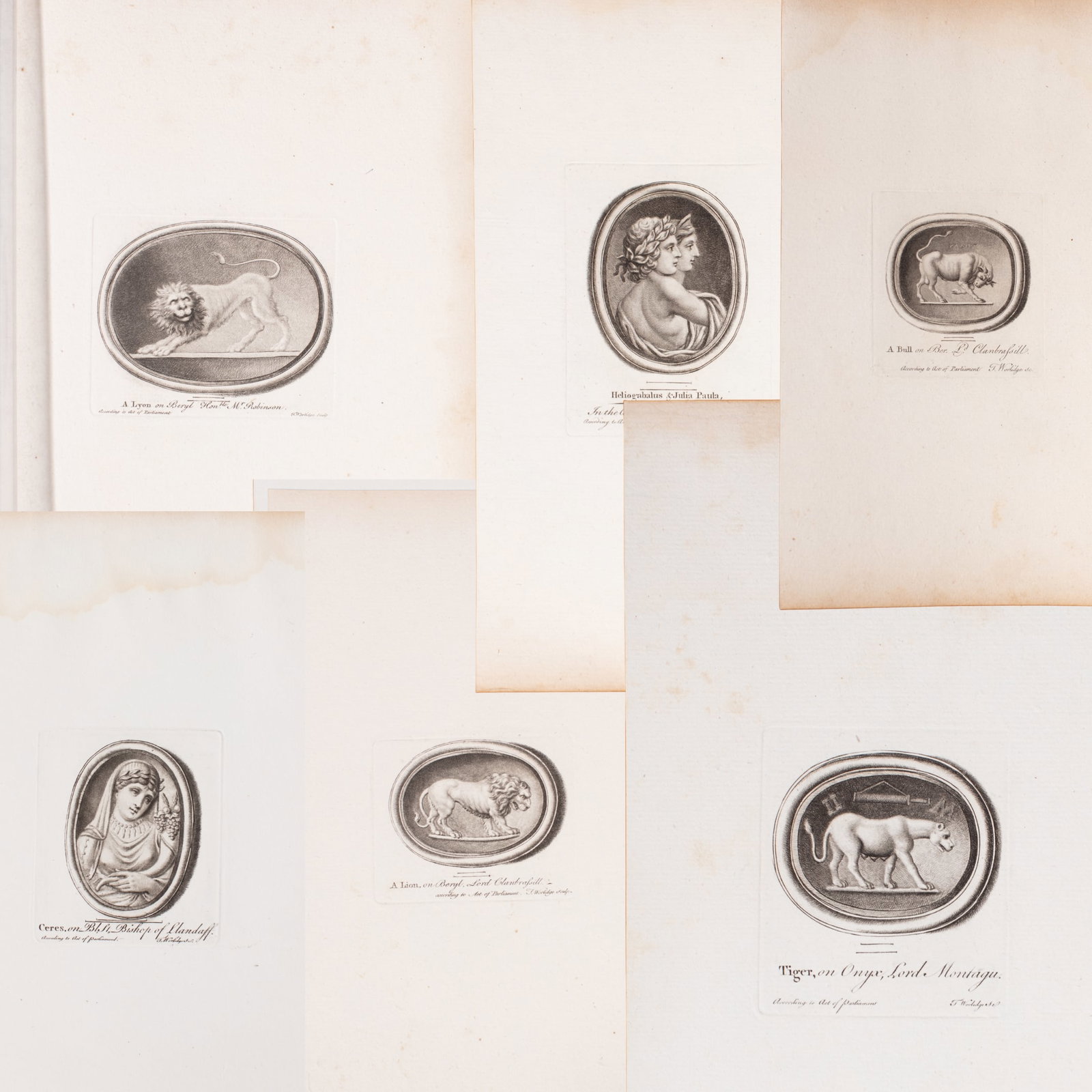 Thomas Worlidge "Antique Gems" Engravings: Twelve (12) original 1768 Thomas Worlidge (1700-1766, English) engravings from A Select Collection of Drawings from Curious Antique Gems, each a finely executed drypoint reproduction of ancient