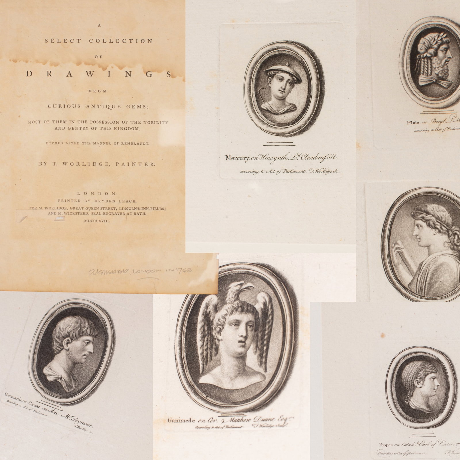 Thomas Worlidge "Antique Gems" Engravings: Comprises fifteen (15) original 1768 Thomas Worlidge (1700-1766, English) drypoint engravings from A Select Collection of Drawings from Curious Antique Gems, each crisply executed after classical