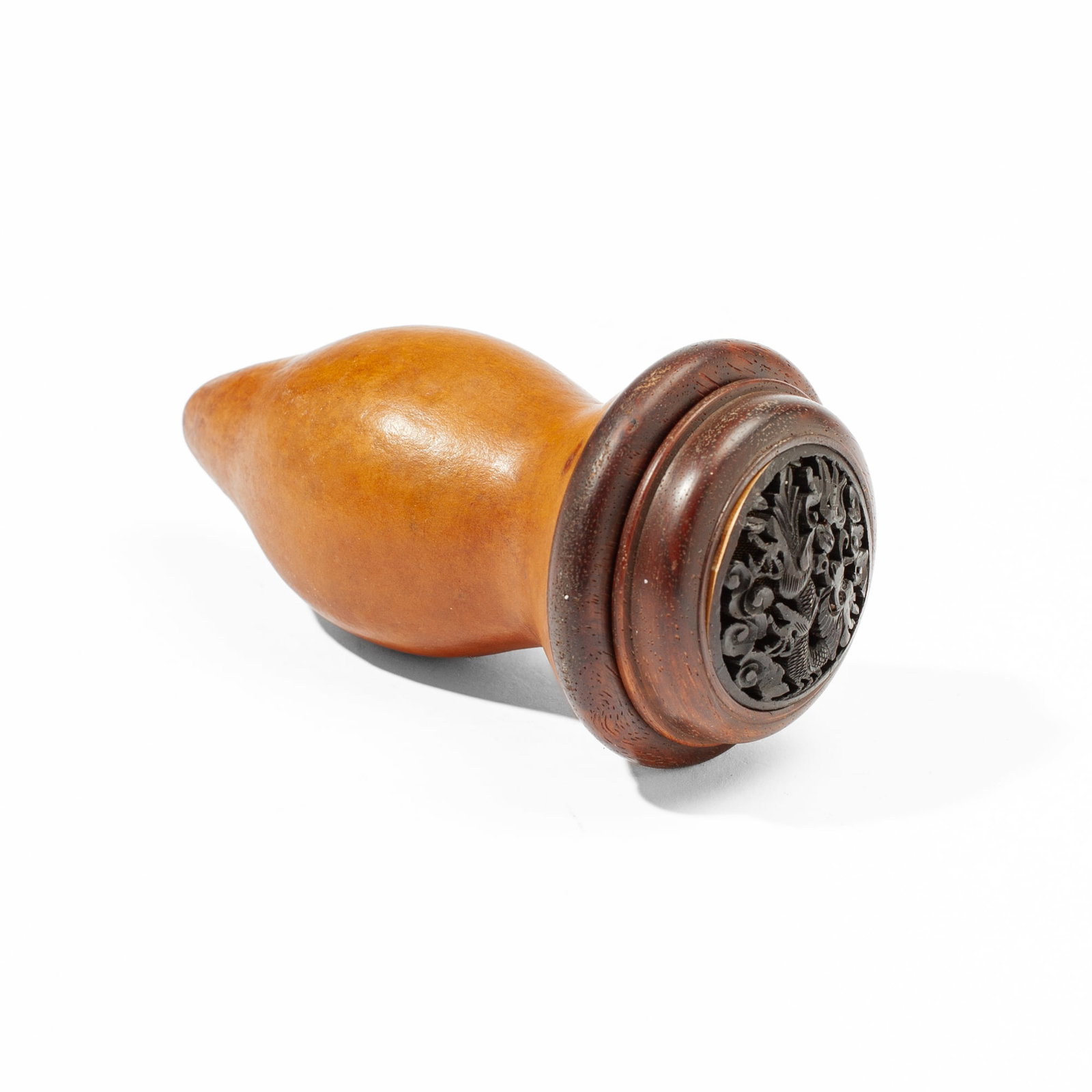 Antique Chinese Gourd Cricket Cage: Chinese gourd cricket cage, 19th century, consisting of natural grown gourd with rosewood flange and lid having finely carved reticulated dragon insert in black-stained rosewood over wire mesh.
