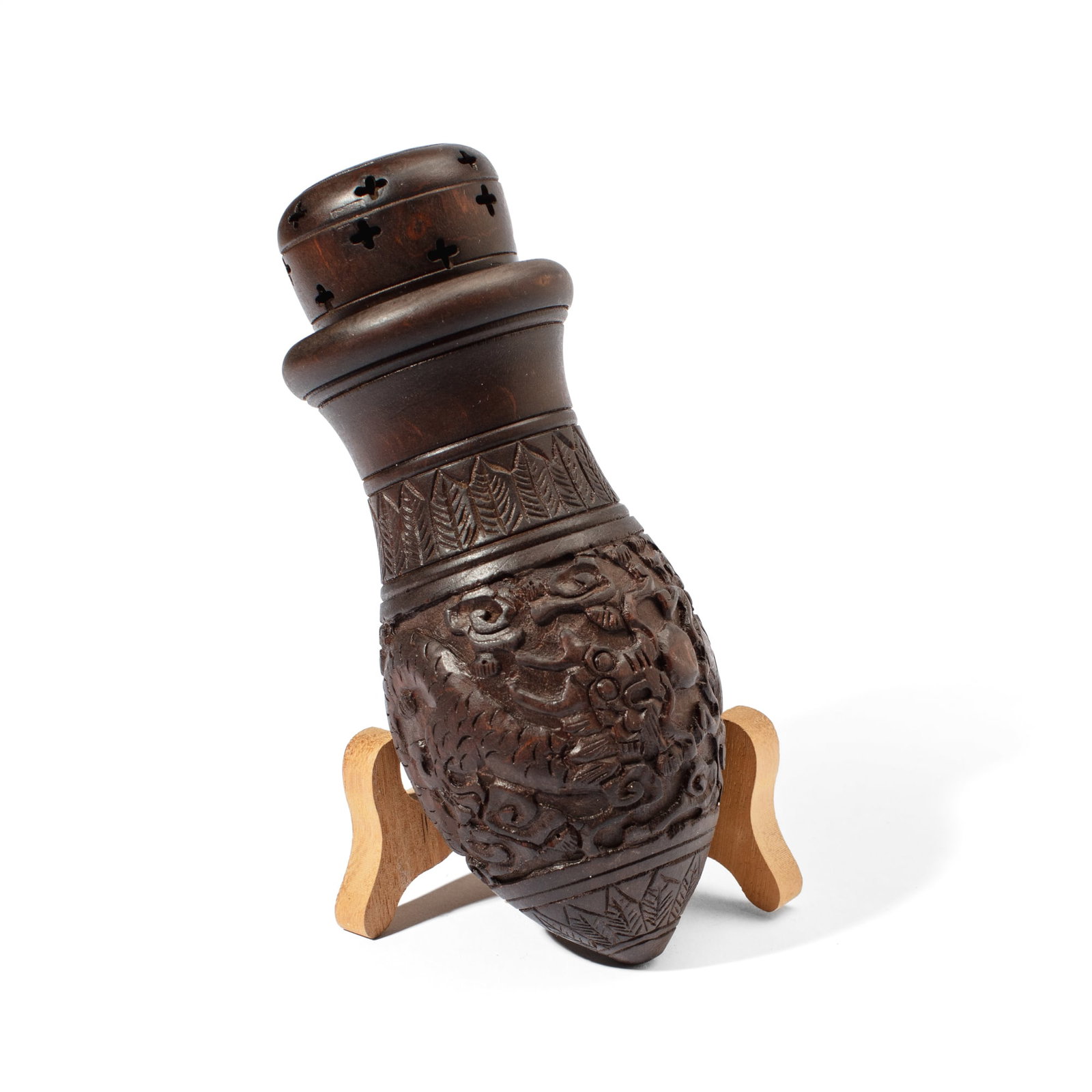 Antique Chinese Hardwood Cricket Cage: Antique Chinese carved dark hardwood (possibly Zitan) cricket cage of gourd form with removeable pierced top, the body with relief carving of dragons chasing pearl among clouds. With expected surface