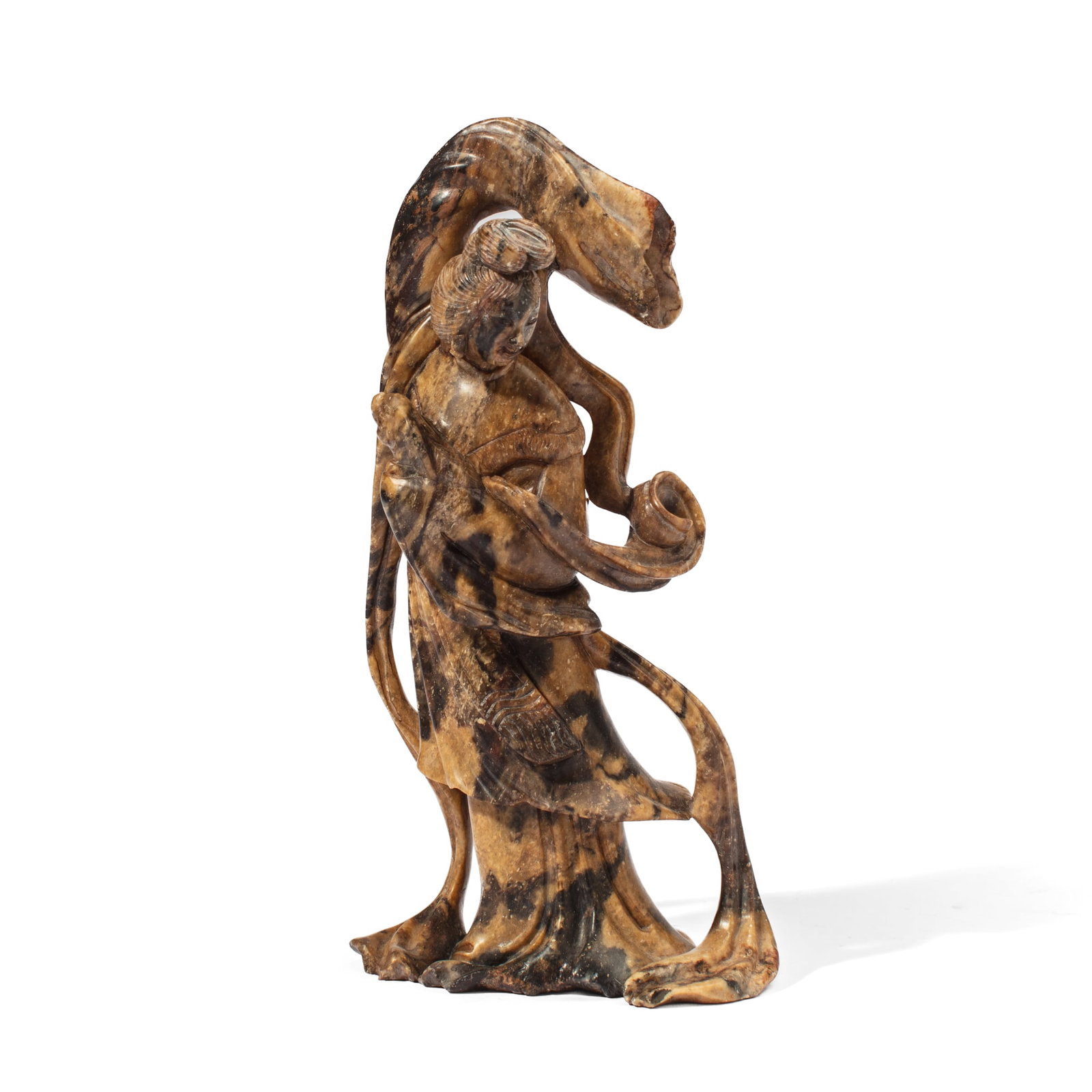 Antique Chinese Soapstone Figure of Chang-e: Old Chinese carved soapstone figure of Chang-e holding rabbit. Carved from mottled soapstone with dark inclusions simulating coloring patterns to her robe. Slight loss to bottom left edge; some nicks