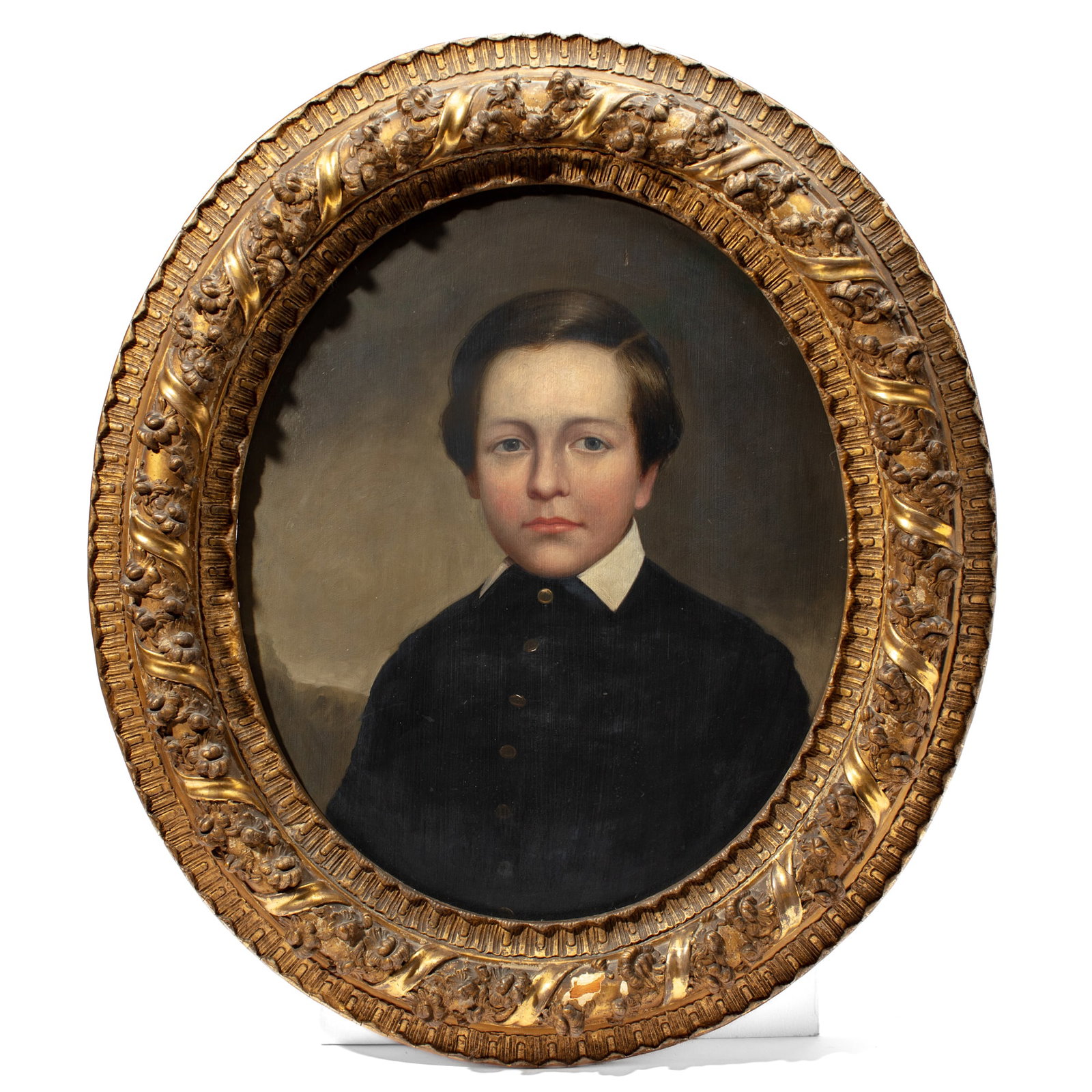 19th C. Oil on Board Portrait of a Boy: Circa mid 19th century portrait of a young teenage boy wearing a military style jacket with brass buttons. Oil on board with no apparent signature. Appears in good unrestored condition with expected s